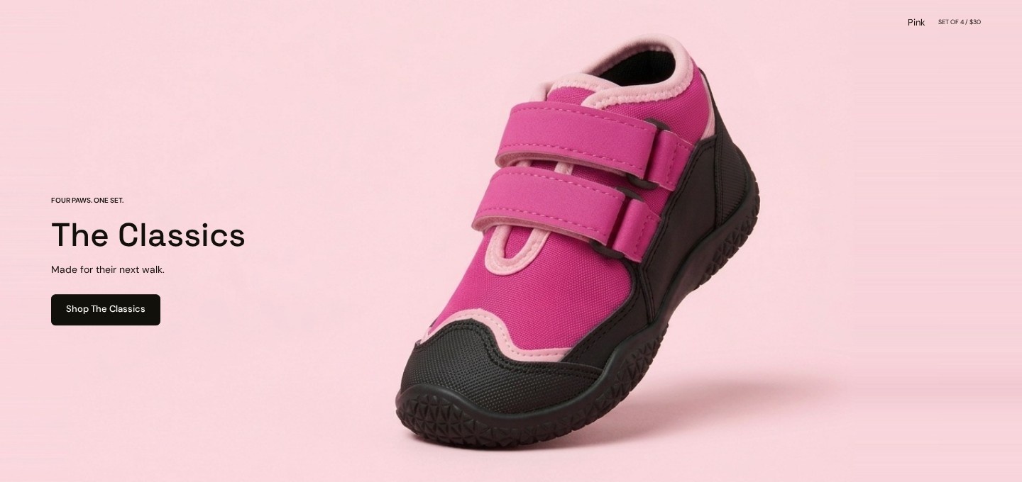 Pawz³ website preview—The Classics beside a pink protective dog shoe