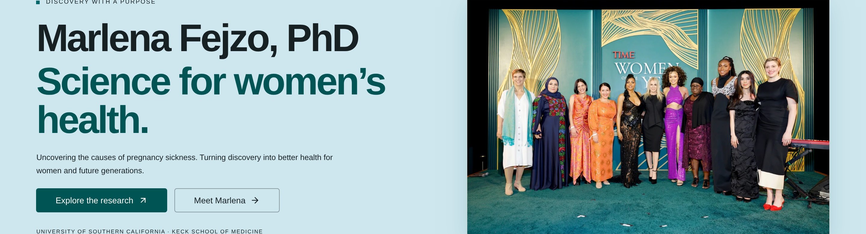 Fejzo Lab homepage—Marlena Fejzo, PhD, Science for women's health, beside a TIME Women of the Year photograph